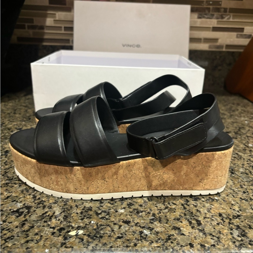 Vince Black Leather Platform Sandals NEW